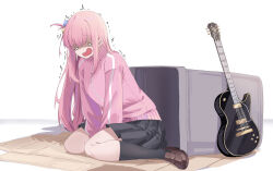 Rule 34 | 1girl, absurdres, black skirt, black socks, blank eyes, bocchi the rock!, brown footwear, cake walker, gotoh hitori, guitar, hair ornament, highres, instrument, jacket, kneehighs, loafers, long hair, one side up, open clothes, open jacket, open mouth, pink hair, pink jacket, pleated skirt, raised eyebrows, shoes, sidelocks, sitting, skirt, socks, solo, trash can, trembling, turn pale, wariza