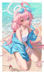 Rule 34 | 1girl, :d, absurdres, ahoge, bare shoulders, beach, between legs, bikini, blue archive, blue eyes, blue jacket, border, commentary, crossed bangs, eyewear on head, fang, flat chest, food, frilled bikini, frilled bikini top, frills, from above, hair between eyes, hair flaps, halo, hand between legs, heterochromia, highres, holding, holding food, holding popsicle, hood, hood down, hooded jacket, hoshino (blue archive), hoshino (swimsuit) (blue archive), huge ahoge, jacket, letco2766, long hair, long sleeves, looking at viewer, low twintails, off shoulder, official alternate costume, official alternate hairstyle, open mouth, outdoors, outside border, pink hair, pink halo, popsicle, sitting, skin fang, sleeves past wrists, smile, solo, swimsuit, twintails, very long hair, wariza, white-framed eyewear, white bikini, white border, yellow eyes