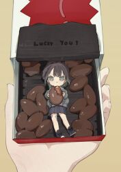 Rule 34 | 1girl, 1other, absurdres, bandaid, bandaid on leg, black hair, black skirt, boukou-chan (tokiwata soul), box, chibi, coffee beans, commentary request, food, green eyes, green hair, highres, holding, holding food, looking at viewer, lying, mini person, minigirl, multicolored hair, original, pleated skirt, pov, pov hands, size difference, skirt, streaked hair, tokiwata soul, two-tone hair