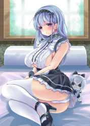 Rule 34 | 1girl, anchor choker, anchor necklace, apron, ass, azur lane, black footwear, black hairband, blouse, breasts, button eyes, buttons, center frills, character doll, choker, clothing cutout, dido (azur lane), dress, frilled apron, frilled choker, frills, hairband, high heels, highres, jewelry, lace-trimmed hairband, lace trim, large breasts, maid, maid apron, necklace, on bed, panties, pumps, purple eyes, shirt, sideboob, sleeveless, sleeveless shirt, underboob, underboob cutout, underwear, waist apron, white apron, white hair, white legwear, white panties, yumibakama meme