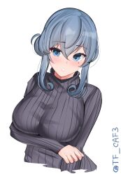 Rule 34 | 1girl, alternate costume, arm under breasts, black sweater, blue eyes, blue hair, breasts, cropped torso, gotland (kancolle), hair bun, kantai collection, large breasts, long hair, long sleeves, looking at viewer, mole, mole under eye, one-hour drawing challenge, parted lips, ribbed sweater, solo, sweater, tf cafe, twitter username, white background
