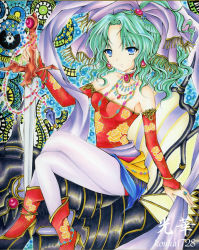 Rule 34 | 1990s (style), 1girl, bare shoulders, blue eyes, bow, chirori, choker, earrings, elbow gloves, final fantasy, final fantasy vi, fingerless gloves, gloves, green eyes, hair ornament, hair ribbon, jewelry, crossed legs, necklace, pantyhose, pink bow, ribbon, ring, sitting, solo, sword, tina branford, weapon