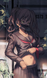 Rule 34 | 1girl, black hair, black sailor collar, black serafuku, black shirt, black skirt, brown eyes, character request, clothes lift, clothes pull, collarbone, commentary request, girls&#039; frontline, hair between eyes, highres, hironii (hirofactory), lifted by self, long hair, long sleeves, looking at viewer, mask, mouth mask, navel, necktie, panties, pleated skirt, pulled by self, red necktie, sailor collar, scarecrow (girls&#039; frontline), school uniform, serafuku, shirt, shirt lift, sidelocks, skirt, skirt pull, solo, standing, stomach, surgical mask, twintails, underwear, white panties