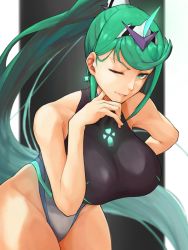 Rule 34 | 1girl, artist request, breasts, chest jewel, competition swimsuit, earrings, green eyes, green hair, hair ornament, headpiece, highres, jewelry, large breasts, long hair, looking at viewer, one-piece swimsuit, one eye closed, pneuma (xenoblade), ponytail, simple background, solo, swept bangs, swimsuit, tiara, very long hair, xenoblade chronicles (series), xenoblade chronicles 2