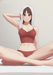 Rule 34 | 1girl, arm support, arm up, armpits, barefoot, blush, breasts, brown eyes, brown hair, camisole, collarbone, drying, drying hair, headband, indian style, kasugano sakura, looking at viewer, medium breasts, midriff, navel, panties, putcher, red camisole, red panties, short hair, sitting, solo, street fighter, toned, towel, towel on head, underwear