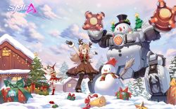 Rule 34 | 2girls, animal costume, bell, caramel (smc), christmas, christmas ornaments, gift, hat, highres, house, joanna (smc), logo, mecha, mila (smc), multiple girls, official art, reindeer costume, riko (smc), robot, sky, smile, snow, snowing, snowman, star ornament, super mecha champions