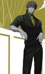 Rule 34 | 1boy, absurdres, against wall, bags under eyes, between fingers, black pants, black vest, cigarette, collared shirt, facial hair, fate/grand order, fate (series), feet out of frame, goatee, green ribbon, green shirt, hair ribbon, haruakira, hector (fate), highres, holding, holding cigarette, limited palette, male focus, mature male, necktie, pants, ponytail, ribbon, shirt, smoking, solo, veins, veiny arms, veiny hands, vest, yellow necktie