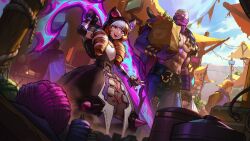 Rule 34 | 1boy, 1girl, :d, animal ears, bag, belt, blue eyes, brown hair, fake animal ears, gwen (league of legends), heterochromia, highres, holding, holding bag, holding scissors, holding weapon, league of legends, legends of runeterra, missing eye, multicolored hair, nail polish, official art, open mouth, pink eyes, pyke (league of legends), scissors, smile, soul fighter (league of legends), soul fighter gwen, soul fighter pyke, topless male, two-tone hair, weapon, white hair