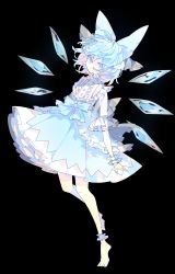 Rule 34 | 1girl, :|, absurdres, adapted costume, arms at sides, blouse, blue bow, blue eyes, blue hair, blue skirt, bobby socks, bow, cirno, closed mouth, collared shirt, expressionless, frilled shirt collar, frilled sleeves, frills, hair bow, highres, ice, ice wings, leg lift, looking at viewer, nikorashi-ka, no nose, see-through, see-through sleeves, shirt, short hair, skirt, socks, solo, standing, standing on one leg, symbol-only commentary, touhou, waist bow, white shirt, white socks, wings, wrist cuffs