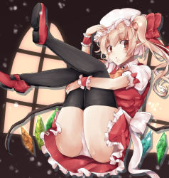 Rule 34 | 1girl, ascot, ass, black thighhighs, blonde hair, crystal, flandre day, flandre scarlet, full body, hat, jyaoh0731, looking at viewer, mob cap, one side up, open mouth, panties, pantyshot, pointy ears, puffy short sleeves, puffy sleeves, red eyes, red footwear, red skirt, short sleeves, skirt, solo, thighhighs, touhou, underwear, white hat, white panties, window, wings, wrist cuffs, yellow ascot