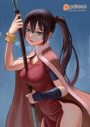 Rule 34 | 1girl, balsa, bangle, blue background, blurry, bokeh, bracelet, breasts, brown eyes, brown hair, cape, cowboy shot, depth of field, dress, from side, gradient background, hair between eyes, holding, holding polearm, holding spear, holding weapon, jewelry, lasterk, long hair, looking at viewer, no panties, parted bangs, pelvic curtain, polearm, ponytail, seirei no moribito, solo, spear, standing, watermark, weapon, web address