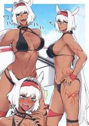 Rule 34 | 1girl, :d, afterimage, animal ears, bikini, blue eyes, blush, body markings, breasts, caenis (fate), caenis (swimsuit rider) (first ascension) (fate), dark-skinned female, dark skin, ear wiggle, fate/grand order, fate (series), frown, hair intakes, large breasts, long hair, muscular, muscular female, open mouth, ponytail, sabamori, sharp teeth, smile, surfboard, swimsuit, teeth, translated, white hair