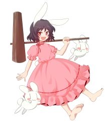 Rule 34 | 1girl, :d, absurdres, animal, animal ears, bad id, bad twitter id, bare arms, bare legs, barefoot, black hair, blush, choker, dress, eyebrows, fingernails, frilled dress, frilled sleeves, frills, full body, highres, holding, holding mallet, inaba tewi, kine, kuromiya yurin, looking away, looking to the side, mallet, open mouth, pink dress, puffy short sleeves, puffy sleeves, rabbit, rabbit ears, rabbit girl, rabbit tail, red choker, red eyes, red ribbon, ribbon, ribbon-trimmed clothes, ribbon-trimmed dress, ribbon choker, ribbon trim, short hair, short sleeves, smile, solo, tail, touhou, transparent background, tsurime