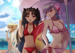 Rule 34 | 3girls, absurdres, ahoge, alternate costume, artoria pendragon (fate), artoria pendragon (swimsuit archer) (fate), beach, bikini, black hair, black ribbon, blonde hair, blue sky, braid, braided ponytail, breasts, cleavage, cloud, commentary request, day, fate/grand order, fate (series), flower, french braid, hair flower, hair ornament, hand on own hip, highres, holding, holding weapon, ishtar (fate), kama (fate), large breasts, long hair, looking at another, lotus, medium breasts, motukan, multiple girls, navel, official alternate costume, outdoors, parasol, pink bikini, pink flower, pink nails, red bikini, ribbon, sand, short hair, sky, small breasts, stomach, sunlight, swimsuit, two side up, umbrella, very long hair, water, water gun, weapon, white bikini, white hair