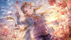 Rule 34 | 1girl, ahoge, blue eyes, blue sky, blurry, blush, brown hair, cloud, commentary, cowboy shot, dated, day, falling petals, field, flower, flower field, grey eyes, hair flower, hair ornament, hair over shoulder, hairclip, hand up, holding, holding flower, jacket, kousaka kirino, light particles, long hair, long sleeves, looking at viewer, misaki yuu (misaki 1192), morning, multicolored eyes, open clothes, open jacket, open mouth, ore no imouto ga konna ni kawaii wake ga nai, outdoors, petals, pink flower, pink sweater, plaid, plaid skirt, purple skirt, sidelocks, skirt, sky, smile, solo, standing, sunlight, sunrise, sweater, swept bangs, white jacket