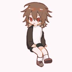 Rule 34 | 1boy, black footwear, black shorts, brown hair, brown jacket, closed mouth, commentary, deformed, frown, hair between eyes, highres, invisible chair, isoi haruki, jacket, long sleeves, male focus, no nose, open clothes, open jacket, red eyes, saibou shinkyoku, shirt, short hair, shorts, simple background, sitting, socks, solo, symbol-only commentary, tu (7335608837), white background, white shirt, white socks