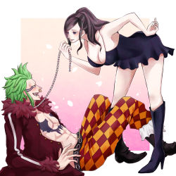 Rule 34 | 1boy, 1girl, bartolomeo, bent over, black dress, black hair, blush, boots, breasts, chain, cleavage, dress, facial mark, fur trim, green hair, leaning back, nico robin, nose piercing, nose ring, one piece, piercing, ponytail, sitting, standing, tattoo, yucchan wakayuri