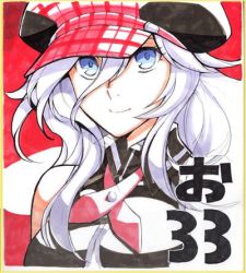 Rule 34 | 10s, 1girl, alisa ilinichina amiella, blue eyes, breasts, cabbie hat, close-up, female focus, god eater, god eater burst, hat, large breasts, long hair, looking at viewer, lowres, smile, solo, white hair