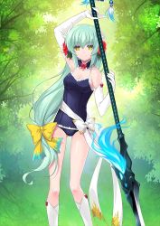 Rule 34 | 1girl, black (artist), bow, breasts, cleavage, collarbone, covered navel, day, fate/grand order, fate (series), flower, forest, green hair, hair bow, hair flower, hair ornament, hibiscus, highres, holding, holding weapon, kiyohime (fate), kiyohime (fate/grand order), kiyohime (swimsuit lancer) (fate), kiyohime (swimsuit lancer) (second ascension) (fate), long hair, looking at viewer, low-tied long hair, medium breasts, nature, neck garter, official art, outdoors, polearm, red bow, red flower, school swimsuit, smile, solo, spear, swimsuit, weapon, yellow bow, yellow eyes