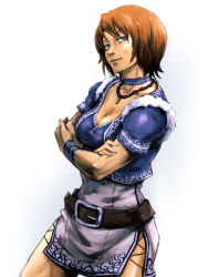 Rule 34 | 1girl, belt, blue eyes, breasts, brown hair, capcom, choker, cleavage, crossed arms, god hand, jewelry, large breasts, lips, maro (bataasi), miniskirt, necklace, nose, olivia (god hand), short hair, side slit, skirt, solo, wristband