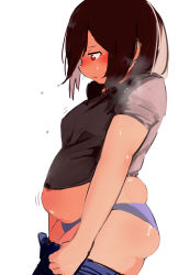 Rule 34 | 1girl, absurdres, ass, belly, black shirt, blue panties, blue pants, blush, breasts, brown hair, clothes pull, cowboy shot, fat, from side, full-face blush, heavy breathing, highres, looking down, medium breasts, medium hair, midriff, motion lines, muffin top, navel, nimo (b45ui), original, panties, pants, pants pull, plump, profile, red eyes, shirt, simple background, solo, steaming body, sweat, t-shirt, undersized clothes, underwear, wardrobe malfunction, weight conscious, weight gain, white background