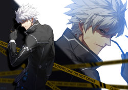 Rule 34 | 1boy, absurdres, artist name, black gloves, caution tape, closers, unworn eyewear, glasses, gloves, grey eyes, haje, highres, holding, holding removed eyewear, j (closers), looking back, male focus, projected inset, solo, spiked hair, sunglasses, white hair