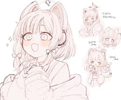 Rule 34 | 1girl, :3, ^ ^, animal ear headphones, animal ears, blue archive, blush, bow, cat ear headphones, chestnut mouth, closed eyes, expressions, fake animal ears, fake tail, hair bow, twirling hair, halo, headphones, highres, jacket, jacket partially removed, long sleeves, looking at viewer, momoi (blue archive), monochrome, motion lines, necktie, off shoulder, open mouth, ran (bearsoymilk), short hair, short necktie, simple background, sketch, smile, tail, white background