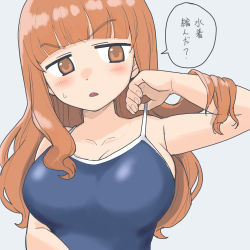 Rule 34 | 1girl, adjusting clothes, adjusting swimsuit, blue one-piece swimsuit, blunt bangs, blush, breasts, bursting breasts, collarbone, competition school swimsuit, d:, frown, girls und panzer, grey background, half-closed eyes, hand up, head tilt, highres, large breasts, lifted by self, long hair, looking at viewer, one-piece swimsuit, open mouth, orange eyes, orange hair, school swimsuit, sideboob, sidelocks, simple background, solo, speech bubble, standing, strap lift, sweatdrop, swimsuit, takebe saori, twitter username, upper body, v-shaped eyebrows, wavy hair, yabai gorilla