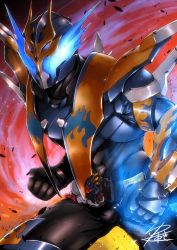 Rule 34 | 1boy, armor, belt, blue armor, blue eyes, build driver, clenched hands, commentary request, compound eyes, cross-z dragon, dragon, fire, flame print, flaming hand, galaxy, glowing, glowing eyes, kamen rider, kamen rider build (series), kamen rider cross-z, kanna tsunasi, male focus, rider belt, signature, solo, space, spikes, teeth, universe