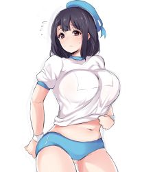 Rule 34 | 10s, 1girl, alternate costume, bad id, bad pixiv id, beret, black hair, breasts, buruma, clothes lift, cowboy shot, curvy, flying sweatdrops, gym uniform, hat, kantai collection, large breasts, midriff, moisture (chichi), navel, parted lips, red eyes, shirt, shirt lift, short hair, simple background, sketch, solo, takao (kancolle), white background, white shirt