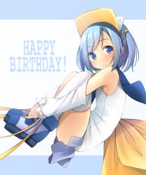Rule 34 | 1girl, bare shoulders, blue background, blue eyes, blue footwear, blue hair, blush, boots, closed mouth, commentary request, detached sleeves, from side, happy birthday, hat, highres, hugging own legs, long sleeves, looking at viewer, looking to the side, moetan, nijihara ink, old school swimsuit, one-piece swimsuit, pastel ink, school swimsuit, shibacha, single thighhigh, smile, solo, swept bangs, swimsuit, thighhighs, thighhighs under boots, twintails, two-tone background, visor cap, white background, white one-piece swimsuit, white sleeves, white thighhighs, yellow hat