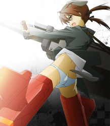 Rule 34 | 1girl, animal ears, ass, brown eyes, brown hair, butt crack, dog ears, dog tail, gertrud barkhorn, gun, hair ribbon, huge weapon, lowleg, lowleg panties, oruco (artist), panties, ribbon, solo, strike witches, striker unit, tail, twintails, underwear, weapon, world witches series