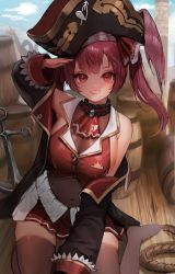 Rule 34 | 1girl, absurdres, anchor, arrow through heart, ascot, barrel, black hat, breasts, brooch, brown jacket, brown thighhighs, cleavage, cloud, covered navel, day, detached collar, dress, gg amang, gold trim, grin, hair ribbon, hat, highres, hololive, houshou marine, jacket, jewelry, large breasts, long hair, looking at viewer, outdoors, pirate hat, pleated skirt, red ascot, red dress, red eyes, red hair, red ribbon, red skirt, removing jacket, ribbon, salute, see-through, see-through cleavage, sitting, skirt, sky, smile, solo, thighhighs, thighs, twintails, virtual youtuber, wariza