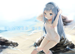 Rule 34 | 1girl, absurdres, arms up, bikini, bikini under clothes, blue eyes, blue hair, blush, closed mouth, collarbone, commentary request, hair ornament, hair scrunchie, highres, long hair, looking away, nosetissue, one side up, original, pink bikini, rock, scrunchie, see-through, shirt, short sleeves, sidelocks, sitting, smile, solo, striped clothes, striped scrunchie, swimsuit, very long hair, water, wet, wet clothes, wet shirt, white shirt