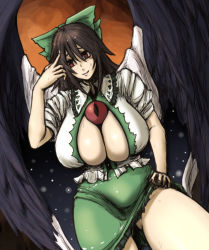 Rule 34 | 1girl, bird wings, bow, breasts, brown hair, cape, cleavage, cleavage cutout, clothes lift, clothing cutout, curvy, embarrassed, green skirt, hair bow, hand on own head, hand on thigh, hanemikakko, huge breasts, long hair, plump, red eyes, reiuji utsuho, shirt, skirt, skirt lift, sleeves rolled up, smile, solo, sweatdrop, thick thighs, thighs, third eye, touhou, wings