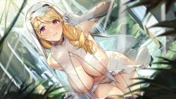 Rule 34 | 1girl, absurdres, bare shoulders, blonde hair, blush, breast curtains, breasts, cleavage, covered erect nipples, garter straps, gloves, grey panties, grey thighhighs, habit, highres, hiyashi mirano, large breasts, long hair, looking at viewer, navel, original, panties, purple eyes, smile, solo, thighhighs, thighs, underwear, white gloves