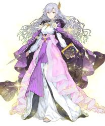 Rule 34 | 1girl, book, breasts, cape, closed mouth, deirdre (fire emblem), dress, fire emblem, fire emblem: genealogy of the holy war, fire emblem heroes, full body, gold trim, haimura kiyotaka, hair ornament, highres, holding, holding book, lips, long dress, long hair, long skirt, long sleeves, looking at viewer, medium breasts, nintendo, non-web source, official art, purple eyes, purple hair, sandals, skirt, smile, solo, sparkle, standing, toeless footwear, toes, transparent background