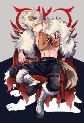 Rule 34 | 2boys, abs, absurdres, all fours, animal ears, bakugou katsuki, bare shoulders, belt, black pants, blonde hair, boku no hero academia, boots, brown belt, cai (caiirocai), cape, claws, closed mouth, commentary request, earrings, frown, fur-trimmed cape, fur trim, grey background, hand on own neck, highres, jewelry, kemonomimi mode, knee pads, looking at viewer, male focus, midoriya izuku, multiple boys, necklace, nipples, official alternate costume, pants, red cape, red eyes, short hair, shoulder tattoo, silhouette, sitting, sitting on person, solo focus, sword, tail, tattoo, toned, toned male, topless male, weapon, white footwear, wolf boy, wolf ears, wolf tail