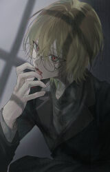 Rule 34 | 1boy, absurdres, artist name, black jacket, blonde hair, blood, blood from mouth, collared shirt, commentary request, ddu 45, glasses, grey eyes, grey shirt, hair between eyes, hand up, highres, jacket, kamiki hikaru, korean commentary, long sleeves, male focus, open mouth, oshi no ko, shirt, short hair, solo, star-shaped pupils, star (symbol), symbol-shaped pupils