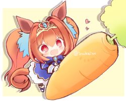 Rule 34 | 1girl, :d, animal ears, black pantyhose, blue bow, blue dress, blue footwear, blush, boots, bow, brooch, brown background, brown hair, carrot, chibi, commentary request, daiwa scarlet (umamusume), dress, drop shadow, fang, food, hair between eyes, heart, holding, holding food, horse ears, horse girl, horse tail, jewelry, juliet sleeves, long hair, long sleeves, mini person, minigirl, open mouth, pantyhose, puffy sleeves, red eyes, smile, solo, sparkle, striped clothes, striped pantyhose, tail, tiara, twintails, twitter username, umamusume, vertical-striped clothes, vertical-striped pantyhose, very long hair, wishbone