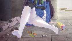 Rule 34 | 1girl, binoculars, black hair, blue archive, blue shirt, blue skirt, bolt action, female focus, floor, gun, highres, knee pads, leaf, long hair, long sleeves, miyu (blue archive), mosin-nagant, no shoes, on floor, pantyhose, rifle, school uniform, shell casing, shirt, single knee pad, sitting, skirt, soles, solo, thighs, toes, weapon, white pantyhose, xiao shi lullaby