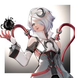 Rule 34 | 1girl, absurdres, animification, apex legends, blood moon catalyst, blue eyes, border, cable, catalyst (apex legends), clothing cutout, crescent, crescent hair ornament, eyebrow piercing, flat chest, gloves, grey hair, gu gu ya, hair ornament, head tilt, highres, jacket, looking to the side, official alternate costume, open hand, outside border, piercing, red gloves, red lips, short hair, shoulder cutout, smile, solo, white border, white jacket
