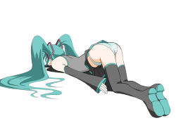 Rule 34 | 00s, 1girl, aqua hair, ass, bad id, bad pixiv id, bare shoulders, boots, clothes lift, detached sleeves, hatsune miku, hayashi custom, legs, long hair, lying, on stomach, panties, shadow, shoes, simple background, skirt, skirt lift, solo, striped clothes, striped panties, thigh boots, thighhighs, top-down bottom-up, twintails, underwear, upskirt, very long hair, vocaloid, white background
