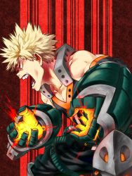 Rule 34 | 1boy, angry, bakugou katsuki, black background, blonde hair, boku no hero academia, commentary request, gauntlets, gloves, green gloves, highres, knee pads, open mouth, orange gloves, red background, red eyes, sleeveless, sparks, spiked hair, teeth, two-tone background, two-tone gloves, yomoyama yotabanashi