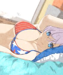 Rule 34 | 1girl, arm up, bed, bikini, blue eyes, blurry, blurry background, breasts, closed mouth, commentary, fate/grand order, fate (series), film grain, from side, front-tie bikini top, front-tie top, hair between eyes, highres, indoors, large breasts, light purple hair, looking at viewer, lying, micro bikini, mitsugu, miyamoto musashi (fate), miyamoto musashi (fate/grand order), miyamoto musashi (swimsuit berserker) (fate), miyamoto musashi (swimsuit berserker) (second ascension) (fate), on side, pillow, print bikini, signature, smile, solo, swimsuit, underboob, upper body