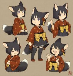 Rule 34 | 1girl, animal ear fluff, animal ears, black hair, black skirt, black thighhighs, blue eyes, blush, bow, brown footwear, closed mouth, colored extremities, commentary request, flower, fox girl, full body, gradient tail, hair between eyes, hair flower, hair ornament, half-closed eyes, highres, index finger raised, japanese clothes, kimono, long sleeves, looking at viewer, looking to the side, maniani, multiple views, obi, open mouth, original, red flower, red footwear, red kimono, sash, skirt, solo, standing, tail, thighhighs, upper body, wide sleeves, yellow bow
