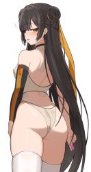 Rule 34 | 1girl, absurdres, arched back, ass, backless outfit, bandaid, bare shoulders, black hair, black survival, braid, breasts, condom, condom wrapper, cowboy shot, crop top, dasi (kwts3227), detached sleeves, double bun, eternal return: black survival, from behind, hair bun, halterneck, highres, holding, li dailin, long hair, looking at viewer, looking back, median furrow, no pants, panties, parted lips, shirt, simple background, skindentation, small breasts, smile, solo, standing, sweat, thighhighs, thighs, underwear, very long hair, white background, white panties, white shirt, white thighhighs, yellow eyes