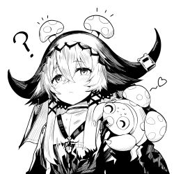 Rule 34 | 1girl, :&lt;, ?, animal ears, arknights, blush, closed mouth, cow ears, cow girl, cow horns, creature, creature on shoulder, creatures (company), crossover, edobox, game freak, gen 1 pokemon, greyscale, heart, horns, monochrome, mushroom on head, name connection, nintendo, on shoulder, pallas (arknights), paras, pokemon, pokemon (creature), short hair with long locks, sidelocks, simple background, upper body, veil, white background