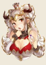 Rule 34 | 10s, 1girl, aliza (granblue fantasy), breasts, cake, cleavage, cleavage cutout, clothing cutout, crown, detached sleeves, draph, earrings, eating, female focus, finger to tongue, food, food on face, granblue fantasy, hair ornament, headgear, horns, jewelry, large breasts, licking, licking finger, mini crown, open mouth, parted bangs, pointy ears, red eyes, silver hair, simple background, solo, tongue, tongue out, upper body, wakamesan