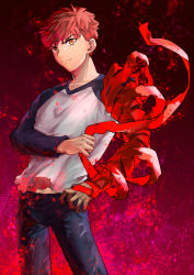 Rule 34 | 1boy, bandages, bandaged arm, bandages, cowboy shot, denim, emiya shirou, fate/stay night, fate (series), heaven&#039;s feel, highres, jeans, looking at viewer, male focus, pants, pulling, raglan sleeves, red hair, sa nomaru, short hair, solo, torn clothes, upper body, yellow eyes